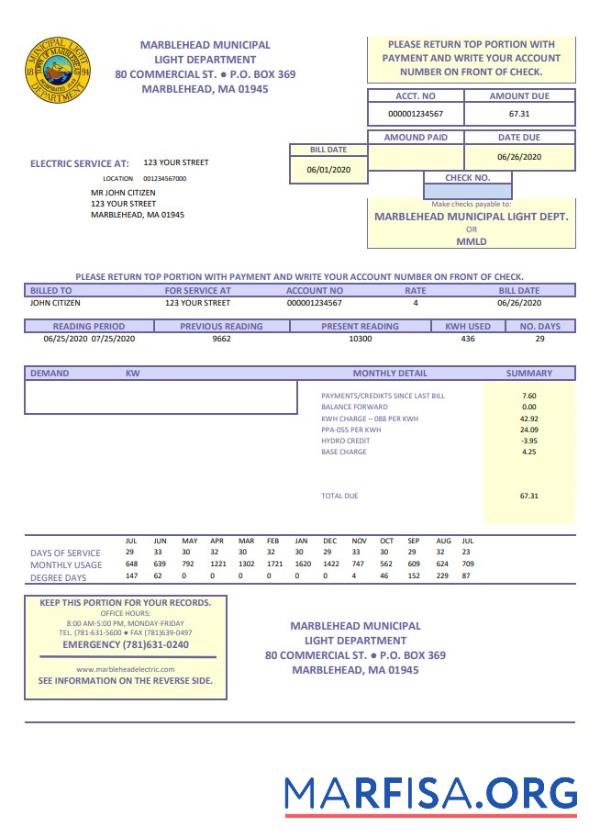 Realistic USA Marblehead Municipal Light Department utility bill template in Word and PDF format